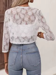 SHEIN Clasi Open Front Crop Lace Jacket - White - View 2