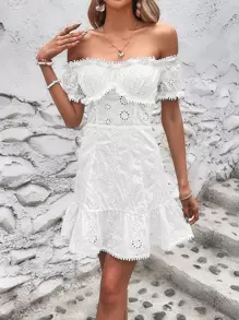 Soleia Đầm Viên lá sen Dây kéo Tranh thêu màu trơn Boho - trắng - Xem 6