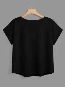 SHEIN LUNE Plus Solid Batwing Sleeve Button Detail Tee - Black - View 2