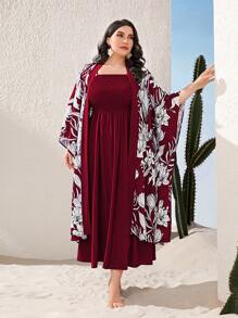 Mulvari 大碼印花蝙蝠袖開門襟外套和抽褶細節洋裝 - 紅色 - 查看 1