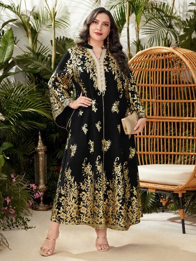 Al Najma Plus Gold Floral Print Notched Neckline Contrast Tape Dress Maxi Women Outfit Fall Cloth For Women