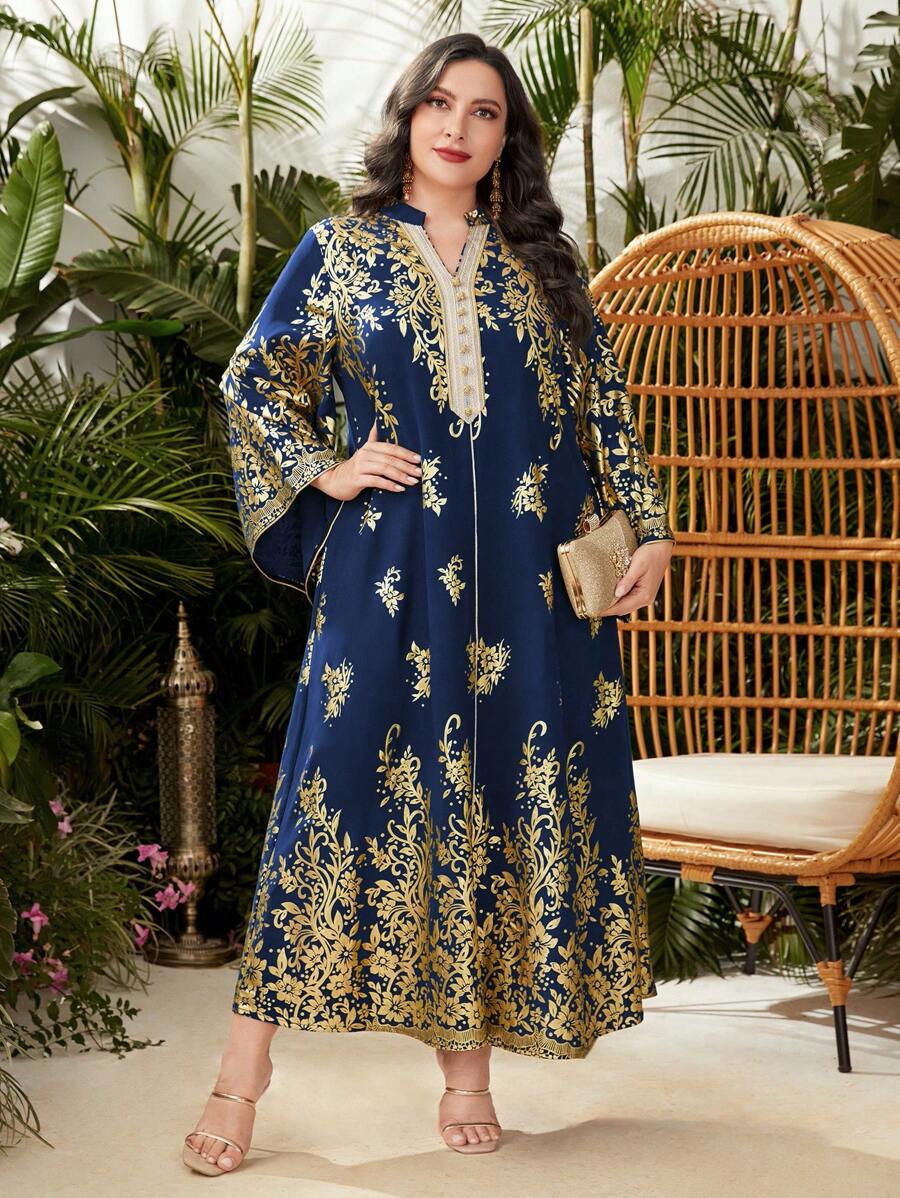 Al Najma Đầm Plus Size Hoa Buổi tiệc - Màu xanh hải quân - Xem 1