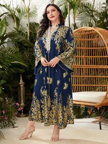 Al Najma Đầm Plus Size Hoa Buổi tiệc - Màu xanh hải quân - Xem 3