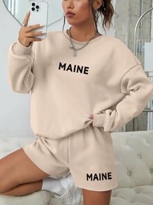 INAWLY 字母圖案落肩袖運動衫和運動短褲 - 卡其色 - 查看 1