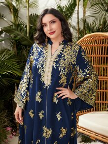 Al Najma Đầm Plus Size Hoa Buổi tiệc - Màu xanh hải quân - Xem 4