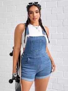 SHEIN EZwear 大碼卷邊牛仔連體短褲不附帶背心 - 中等水洗藍 - 查看 1