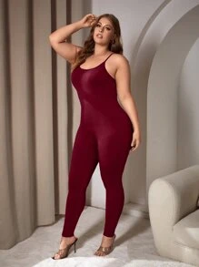 SHEIN SXY 大碼素色彈力緊身連體褲 - 酒紅色 - 查看 4