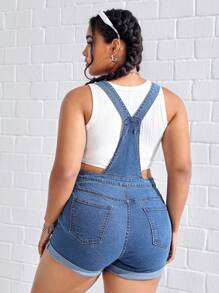 SHEIN EZwear 大碼卷邊牛仔連體短褲不附帶背心 - 中等水洗藍 - 查看 2