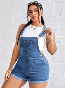 SHEIN EZwear 大碼卷邊牛仔連體短褲不附帶背心 - 中等水洗藍 - 查看 3