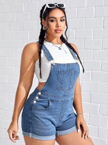 SHEIN EZwear 大碼卷邊牛仔連體短褲不附帶背心 - 中等水洗藍 - 查看 4