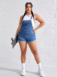 SHEIN EZwear 大碼卷邊牛仔連體短褲不附帶背心 - 中等水洗藍 - 查看 5