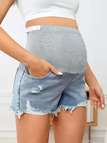 SHEIN 孕婦寬腰帶毛邊牛仔短褲 - 彩色 - 查看 6