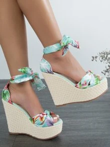 女士熱帶圖案蝴蝶結裝飾踝帶坡跟度假夏天涼鞋 - 彩色 - 查看 2