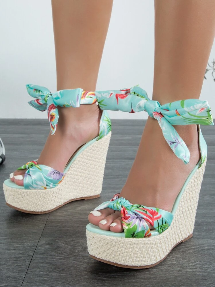 Women Tropical Print Bow Decor Ankle Strap Wedge Sandals, Vacation Summer Sandals - Multicolor - View 3