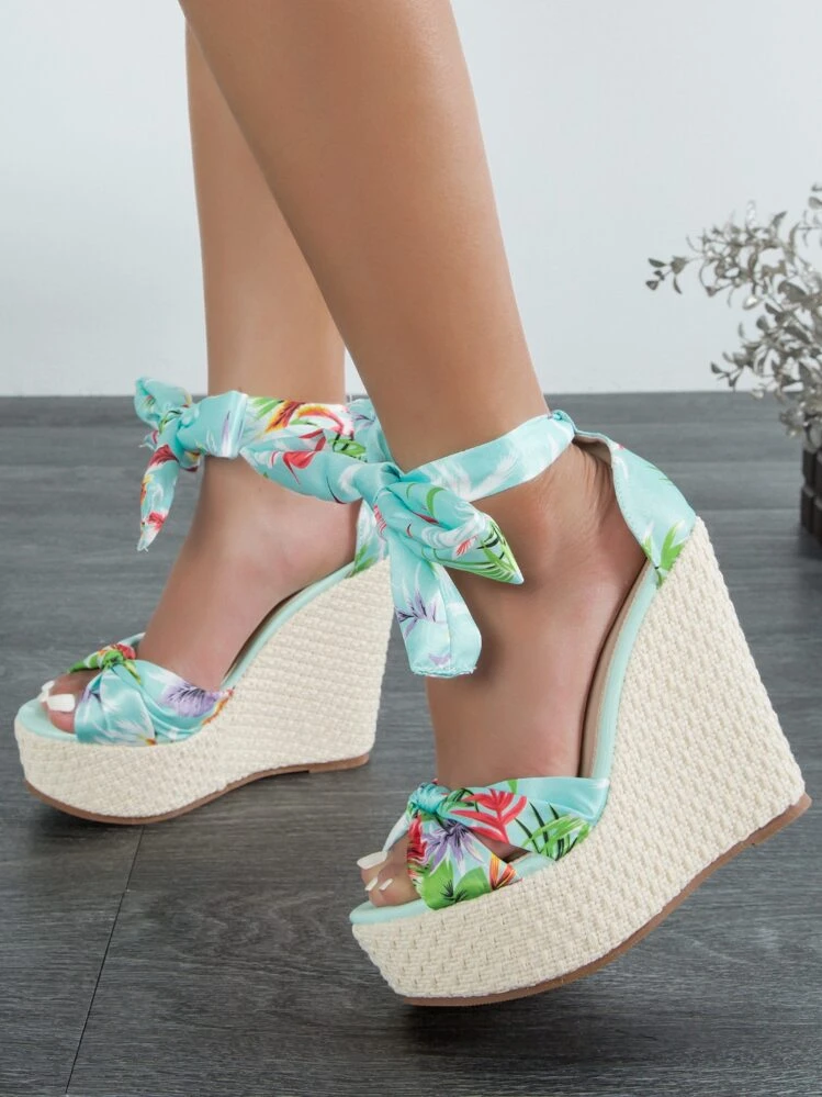 Women Tropical Print Bow Decor Ankle Strap Wedge Sandals, Vacation Summer Sandals - Multicolor - View 5