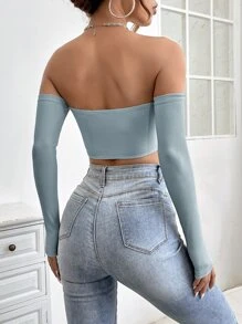 SHEIN PETITE 一字肩短款上衣 - 霧霾藍 - 查看 2