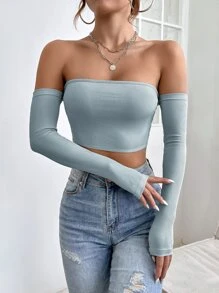 SHEIN PETITE 一字肩短款上衣 - 霧霾藍 - 查看 6