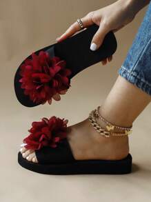 Women Appliques Decor Slides, Fashion Summer Slides - Burgundy - View 4