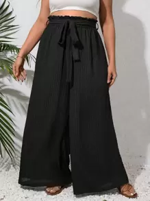 SHEIN VCAY Plus Paperbag Waist Belted Wide Leg Trousers - Black - View 1