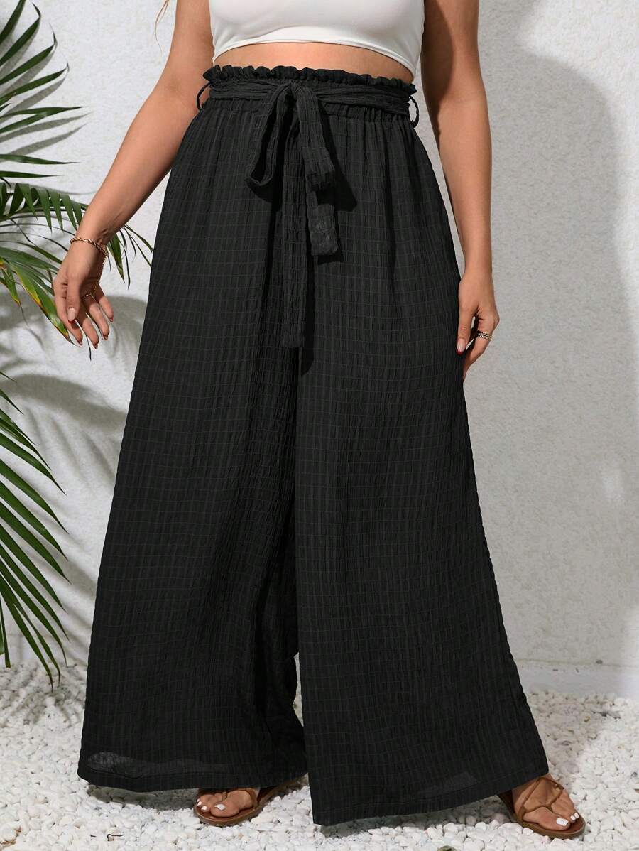 SHEIN VCAY Plus Paperbag Waist Belted Wide Leg Trousers - Black - View 1