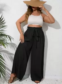 SHEIN VCAY Plus Paperbag Waist Belted Wide Leg Trousers - Black - View 3
