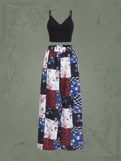 Hippie unicolore Top à fines brides & à imprimé patchwork Pantalon ample