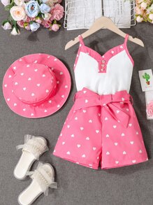SHEIN 小女童愛心圖案吊帶背心和短褲和帽 - 彩色 - 查看 1