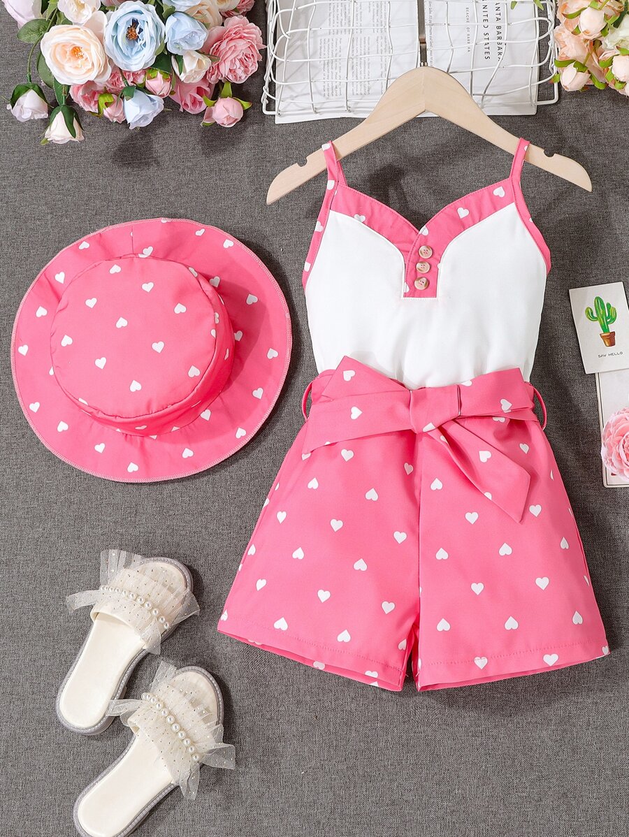 SHEIN 小女童愛心圖案吊帶背心和短褲和帽 - 彩色 - 查看 1