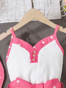 SHEIN 小女童愛心圖案吊帶背心和短褲和帽 - 彩色 - 查看 3