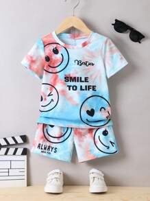 SHEIN Young Boy Cartoon Tie-dye Casual Street Style Round Neck Short Sleeve Regular Fit 2pcs/set For Summer - Multicolor - View 1