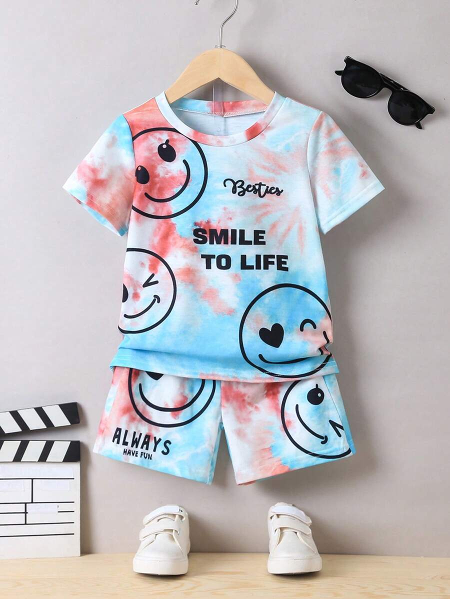SHEIN Young Boy Cartoon Tie-dye Casual Street Style Round Neck Short Sleeve Regular Fit 2pcs/set For Summer - Multicolor - View 1