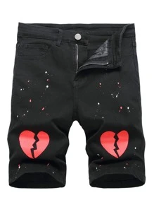 Manfinity Men Heart Print Denim Shorts - Black - View 1