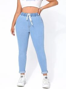 SHEIN EZwear Plus Drawstring Waist Skinny Jeans - Medium Wash - View 1