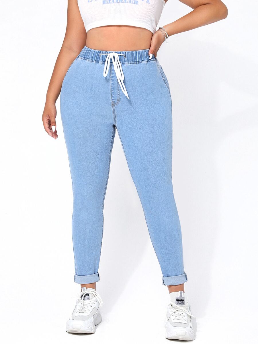 SHEIN EZwear Plus Drawstring Waist Skinny Jeans - Medium Wash - View 1