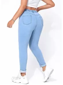 SHEIN EZwear Plus Drawstring Waist Skinny Jeans - Medium Wash - View 2