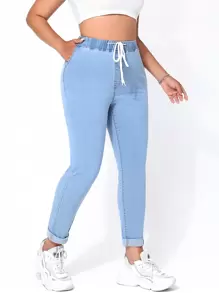 SHEIN EZwear Plus Drawstring Waist Skinny Jeans - Medium Wash - View 3