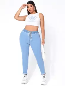 SHEIN EZwear Plus Drawstring Waist Skinny Jeans - Medium Wash - View 4