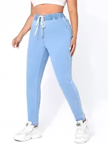 SHEIN EZwear Plus Drawstring Waist Skinny Jeans - Medium Wash - View 5