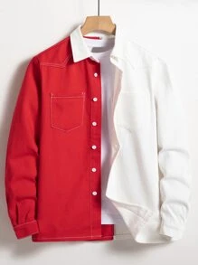 Manfinity Men Two Tone Top-stitching Denim Shirt Without Tee - Red and White - View 1