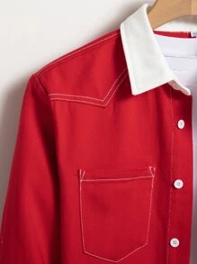 Manfinity Men Two Tone Top-stitching Denim Shirt Without Tee - Red and White - View 7