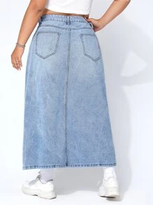 Firerie Plus High Waist Slant Pocket Denim Skirt - Light Wash - View 2