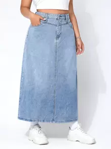 Firerie Plus High Waist Slant Pocket Denim Skirt - Light Wash - View 4