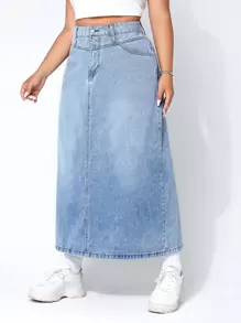 Firerie Plus High Waist Slant Pocket Denim Skirt - Light Wash - View 5