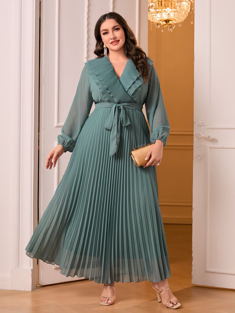 Modelyn Plus Surplice Neck Pleated Hem Belted Dress - Cadet Blue - View 1