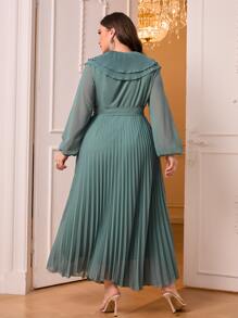 Modelyn Plus Surplice Neck Pleated Hem Belted Dress - Cadet Blue - View 2