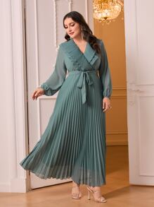 Modelyn Plus Surplice Neck Pleated Hem Belted Dress - Cadet Blue - View 3
