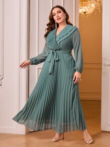 Modelyn Plus Surplice Neck Pleated Hem Belted Dress - Cadet Blue - View 4