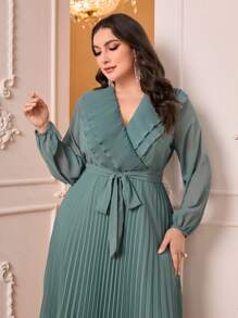 Modelyn Plus Surplice Neck Pleated Hem Belted Dress - Cadet Blue - View 5