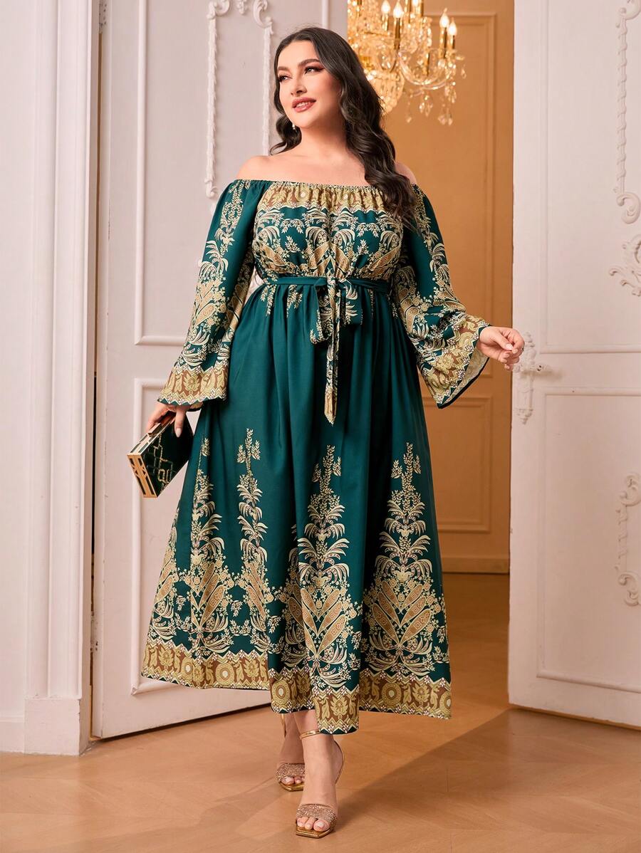 Modelyn Plus Off Shoulder Bell Sleeve Floral Print Dress - Dark Green - View 1