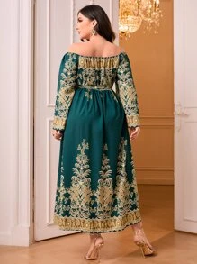 Modelyn Plus Off Shoulder Bell Sleeve Floral Print Dress - Dark Green - View 2